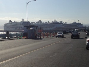 Cruise ships at Ogden Point. A short walk from Gingerbread Cottage